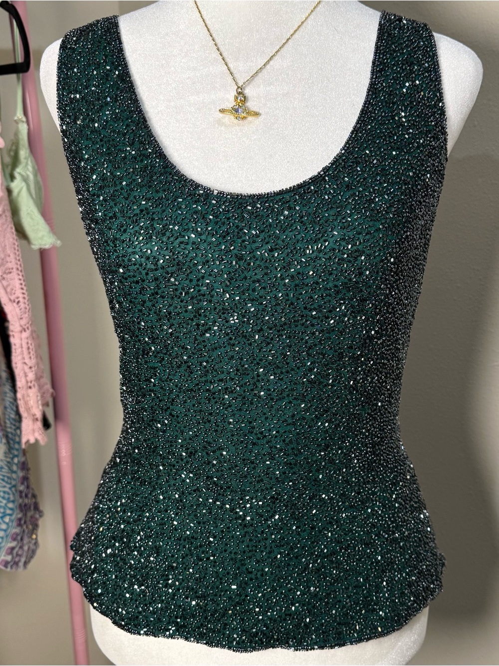 Emerald Green Beaded Y2K 2000s Glam Going Out Women’s Large Evening Tank Top